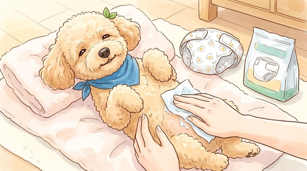 おむつを外したトイプードルのお腹をやわらかいシートでやさしくふく飼い主の手のイラスト