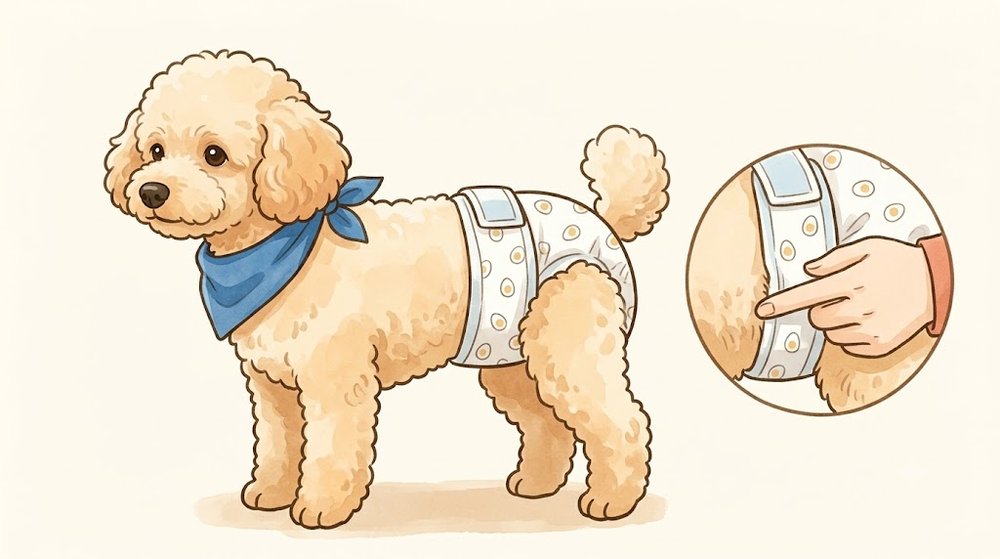 男の子用の犬用おむつをお腹まわりに巻いたトイプードルと、すき間に指を入れてきつさを確かめる手のイラスト