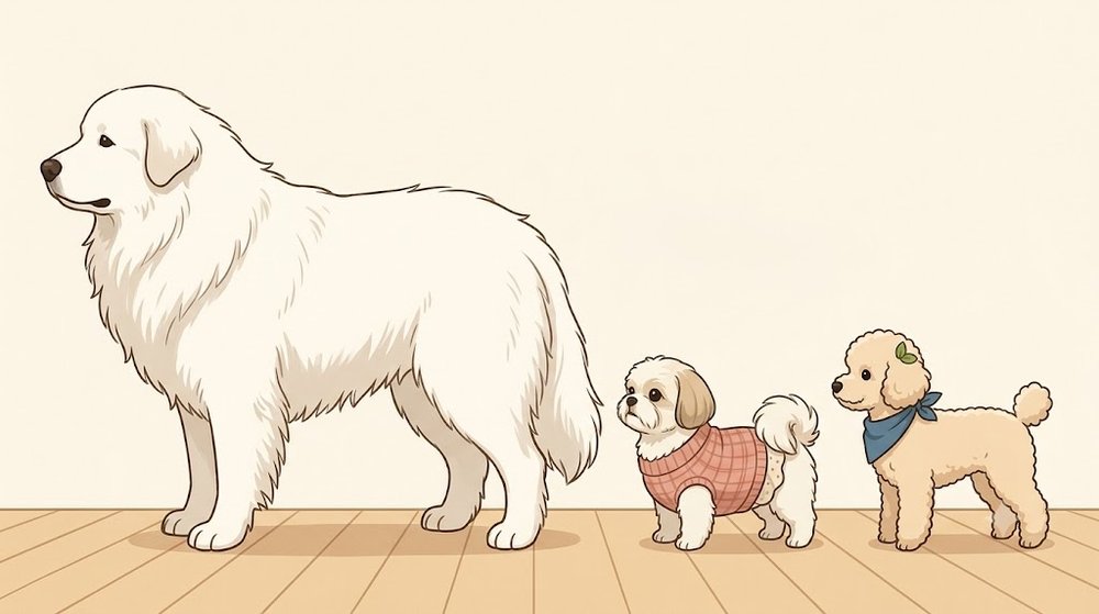 グレート・ピレニーズと、シーズーのあんず、トイプードルのレオを同じ床に並べて大きさを比べたイラスト