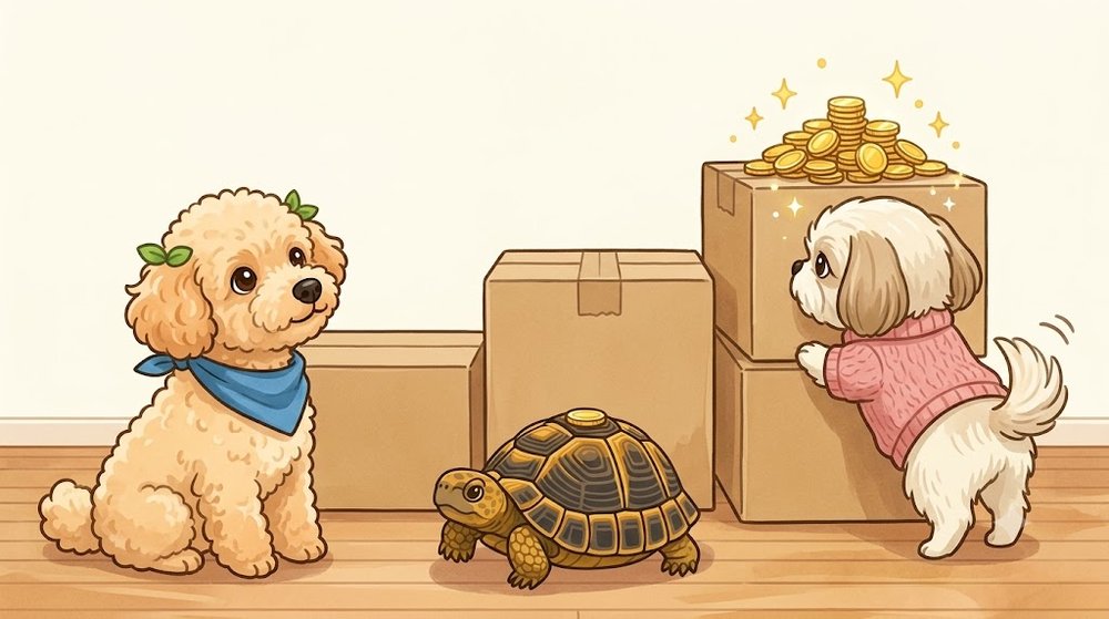 ペット用品の段ボール箱と楽天ポイントが少しずつたまるイメージのイラスト - 楽天カードでペット用品を買う