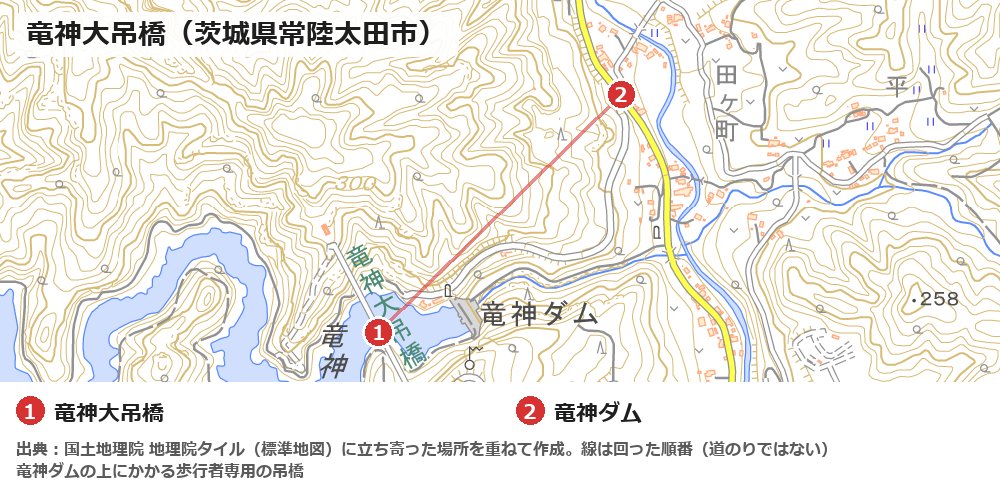 竜神大吊橋と竜神ダムの位置の地図