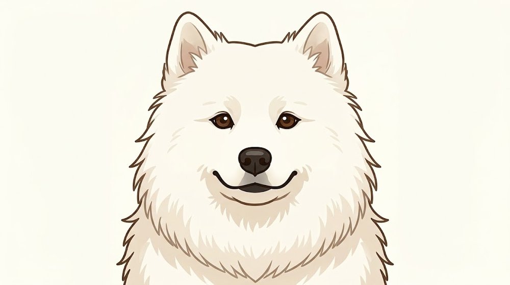 口角が少し上がったサモエドスマイルの白いサモエドの顔を、正面から描いたイラスト
