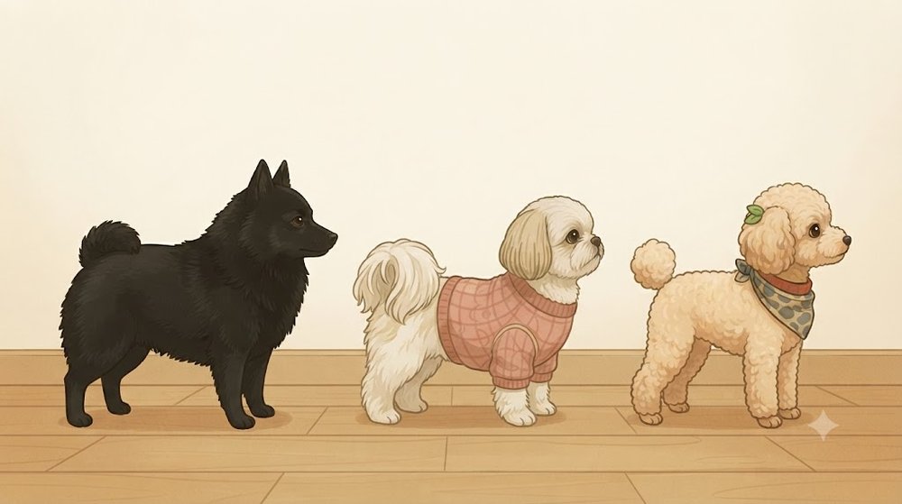 スキッパーキと、シーズーのあんず、トイプードルのレオを同じ床に並べて大きさを比べたイラスト