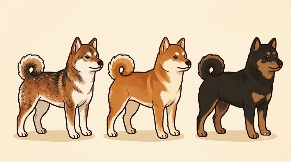 胡麻、赤、黒褐の3種類の毛色の四国犬を並べて比べたイラスト