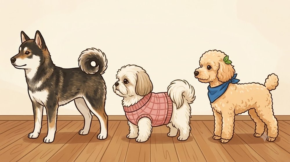 四国犬と、シーズーのあんず、トイプードルのレオを同じ床に並べて大きさを比べたイラスト