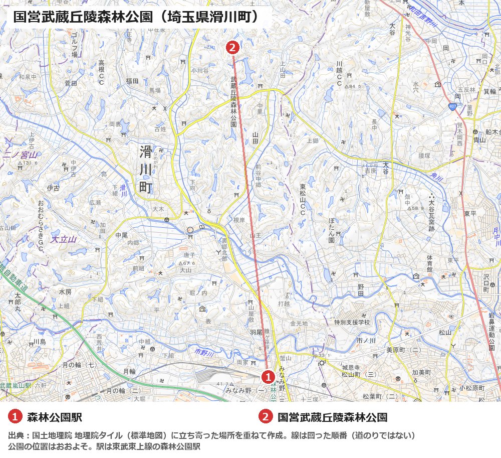 国営武蔵丘陵森林公園と森林公園駅の位置の地図