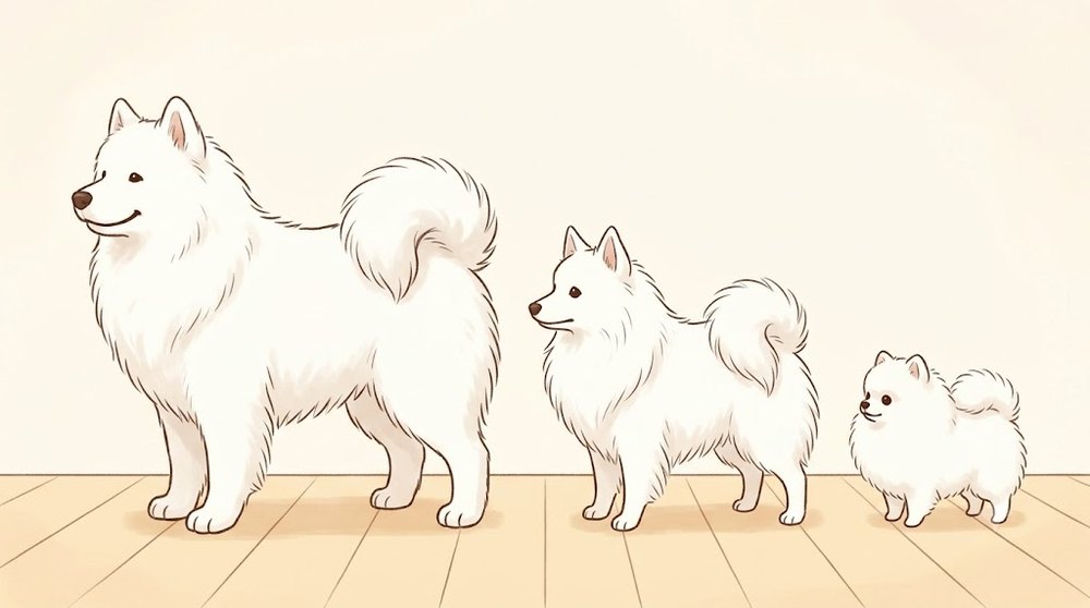 白い大型犬のサモエド、中くらいの日本スピッツ、小さなポメラニアンを同じ床の上に並べて大きさを比べたイラスト