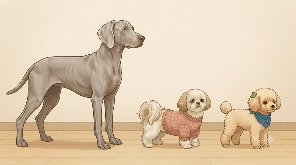 ワイマラナーと、シーズーのあんず、トイプードルのレオを同じ床に並べて大きさを比べたイラスト
